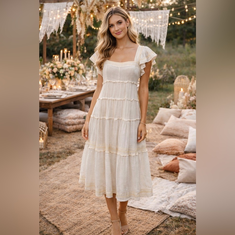 Etiquette White Tiered Midi Dress S Small Boho Cottagecore Ruffle Sleeve Prairie